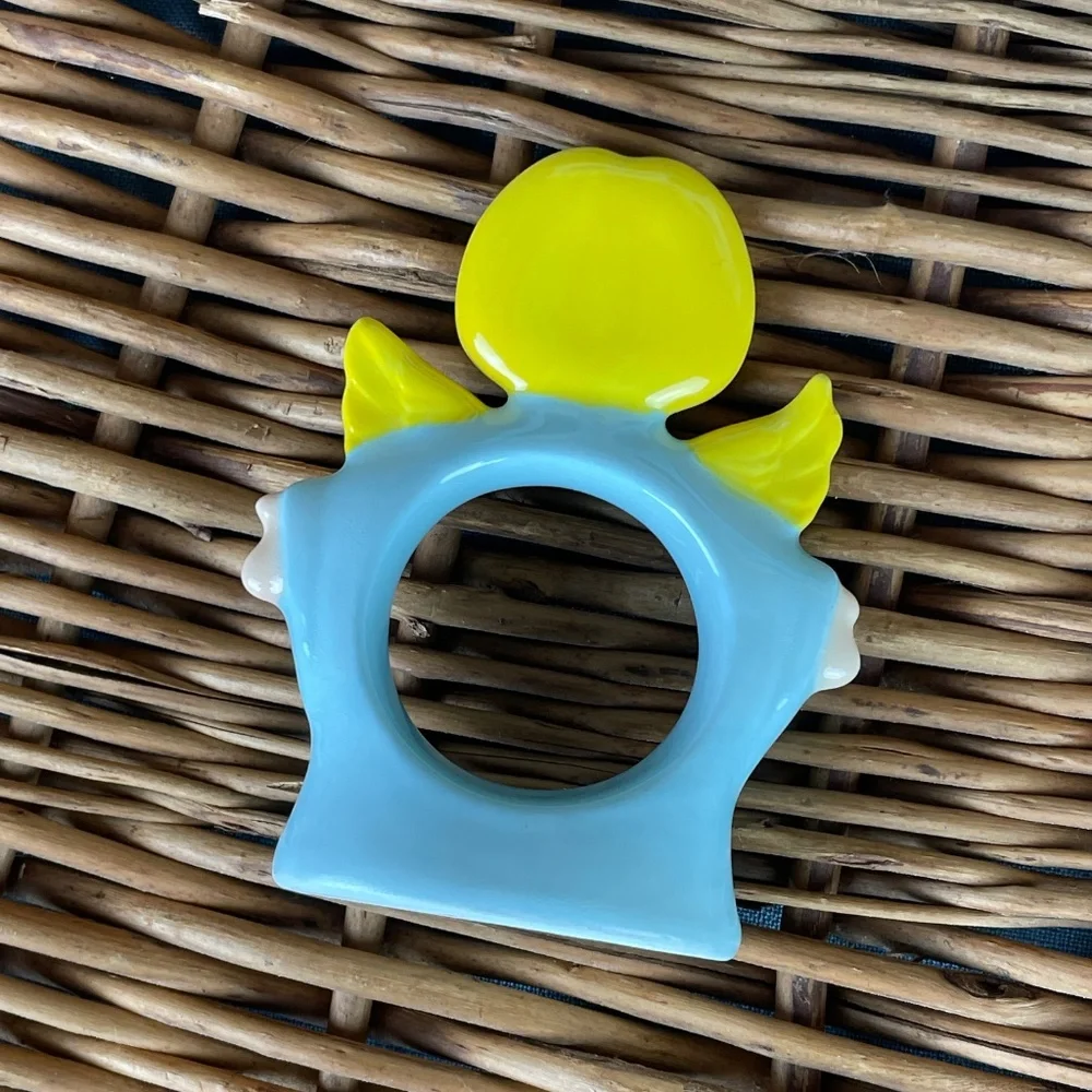 Vintage Christmas Blue & Yellow Painted Ceramic Angel Napkin Rings
